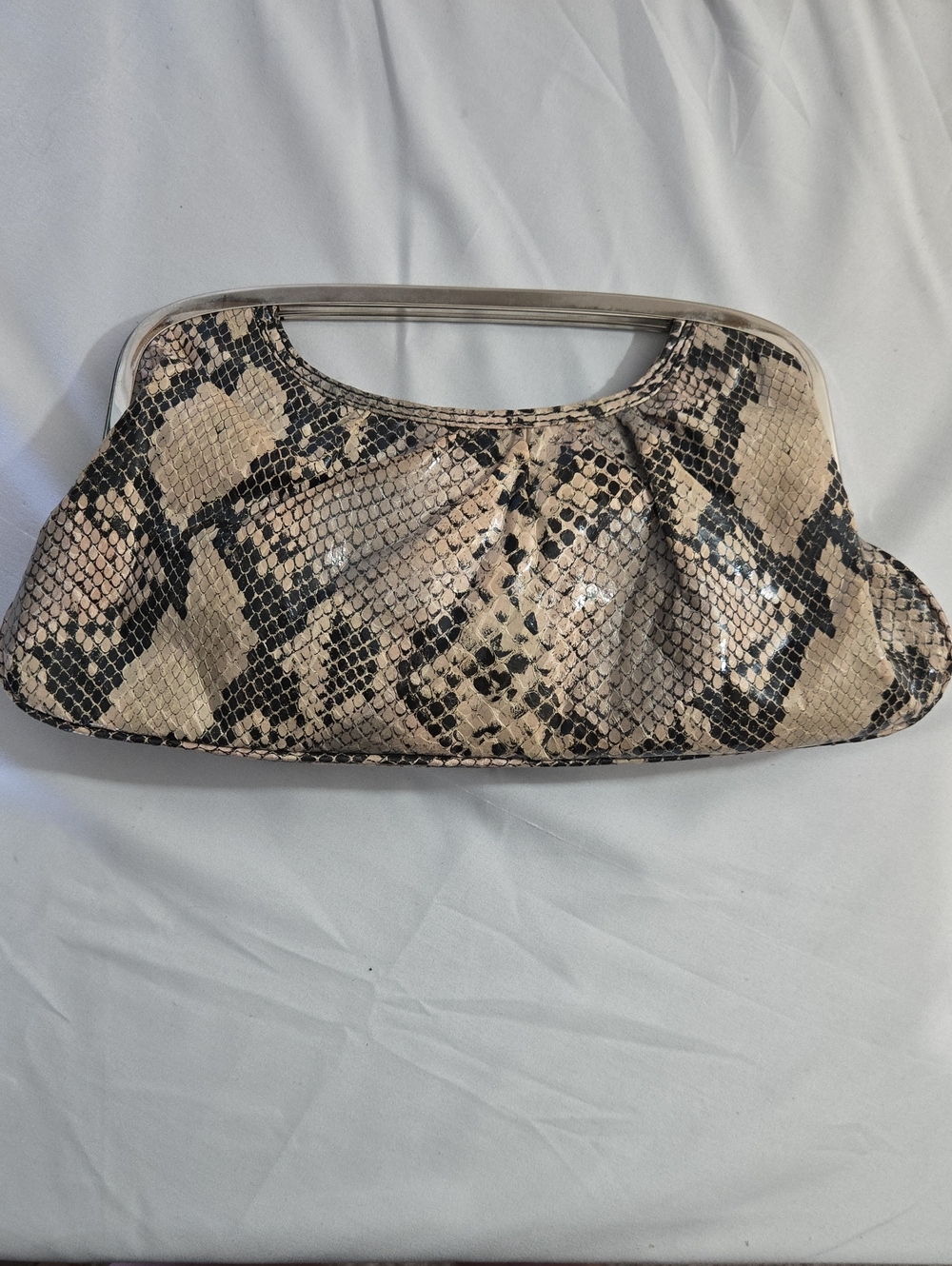 Express Beige and Black Snake-Print Clutch with Metallic Handle